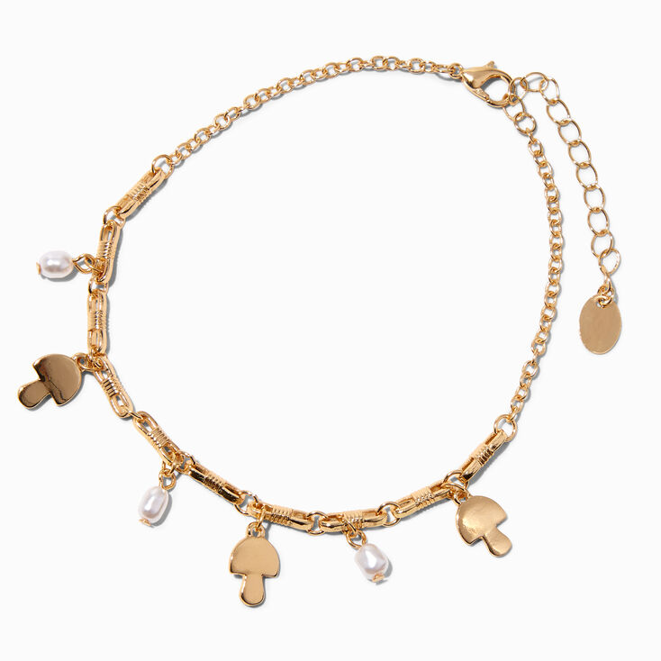 Gold Mushroom White Beaded Charm Chain Anklet,
