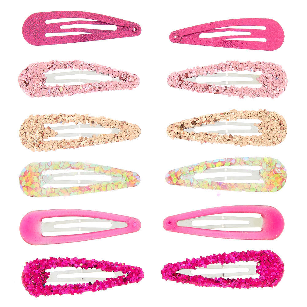 Pretty Pink Glitter Snap Hair Clips 12 Pack