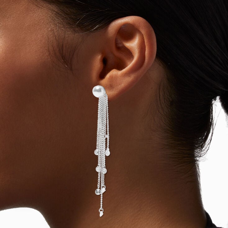 Silver Pearl Cubic Zirconia Confetti Fringe 3&quot; Drop Earrings,