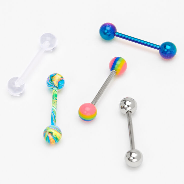 Piercings de langue arc-en-ciel aux designs vari&eacute;s 1,6&nbsp;mm couleur argent&eacute;e - Lot de 5,