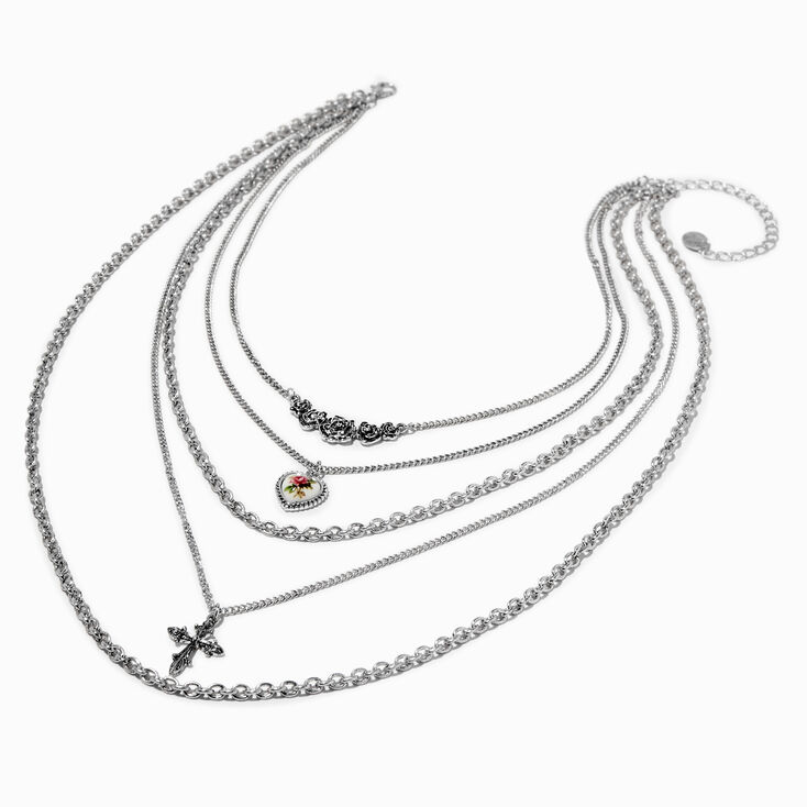 Silver-tone Rose &amp; Cross Chain Multi-Strand Necklace,