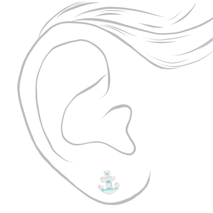 Sterling Silver Striped Anchor Stud Earrings - Blue,