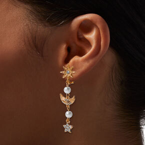 Celestial Crystal &amp; Pearl Clip-On Drop Earrings,