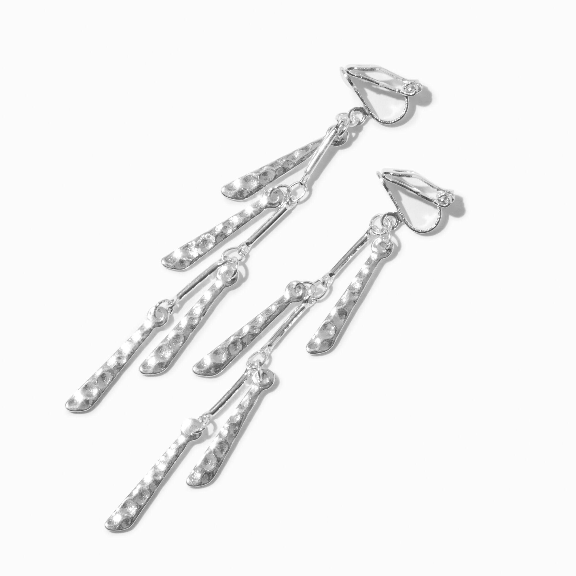 View Claires Tone Hammered Tassel 3 Clip On Drop Earrings Silver information