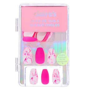 Mixed Neon Matte &amp; Marble Coffin Faux Nail Set - Pink, 24 Pack,