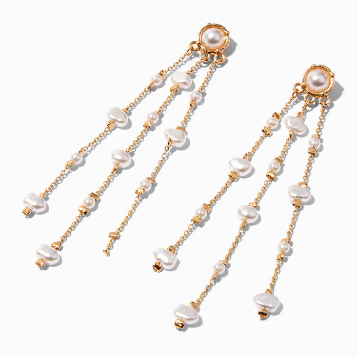Gold-tone Stationed Pearl Linear 3&quot; Drop Earrings,