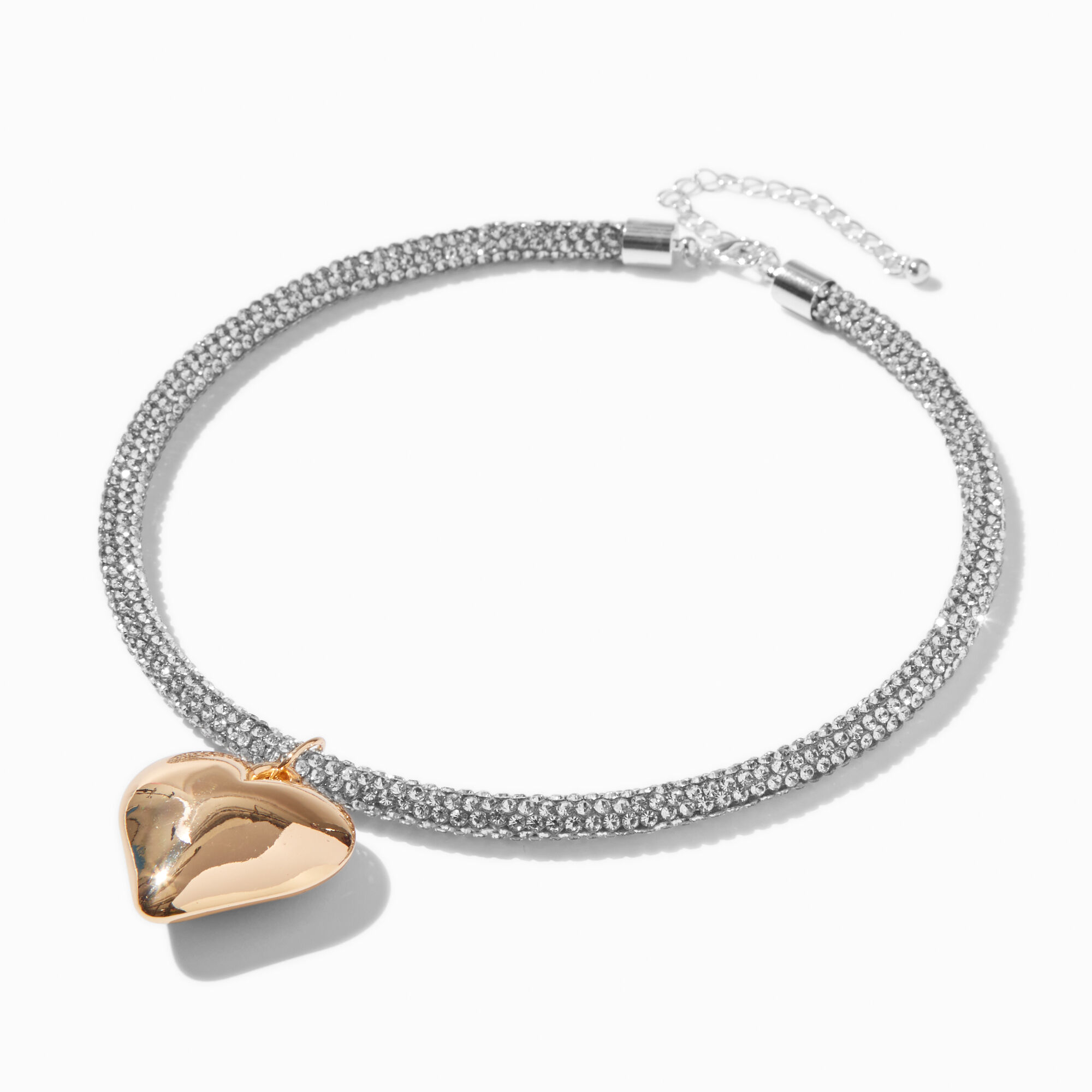 Mixed Metal Rhinestone Pavé with Puffy Heart Pendant Choker Necklace,