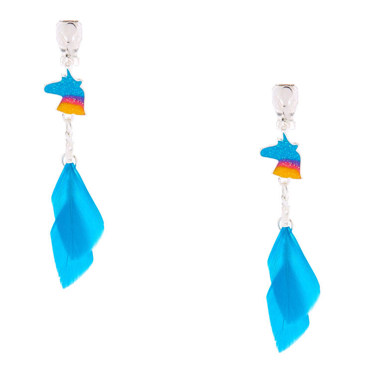 Silver 2&quot; Unicorn Feather Clip On Drop Earrings - Turquoise,