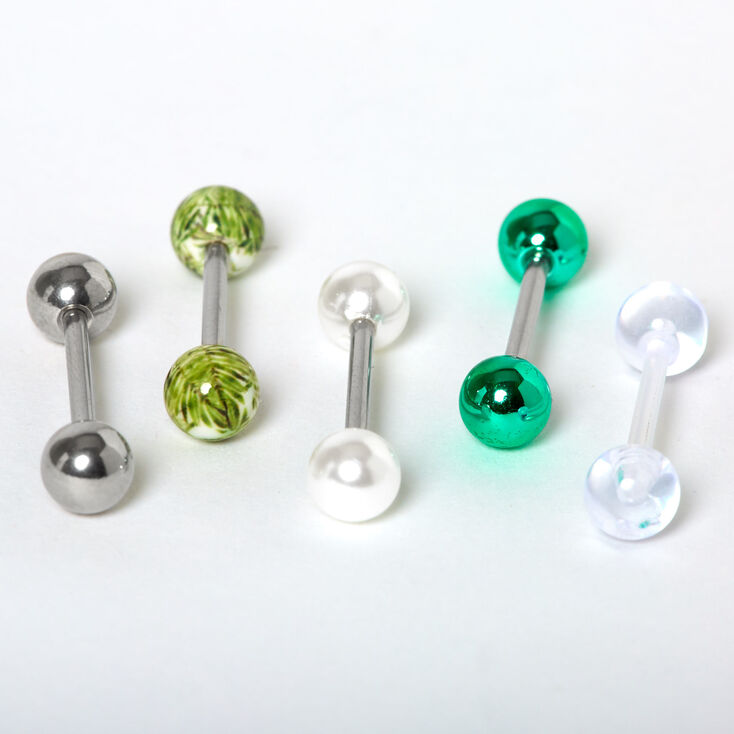 Silver Palm Leaf Barbell Tongue Rings - 5 Pack,