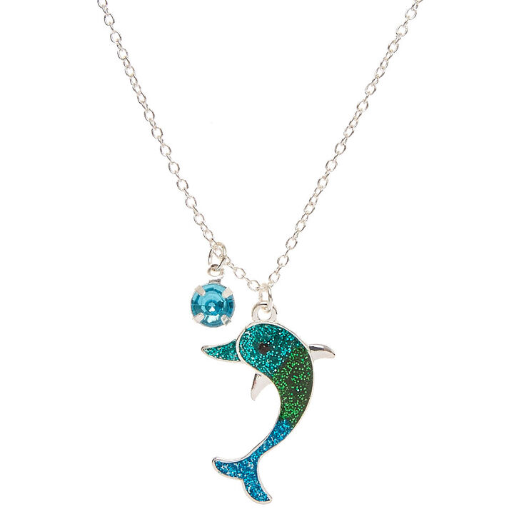 Silver Ombre Glitter Dolphin Pendant Necklace - Blue,