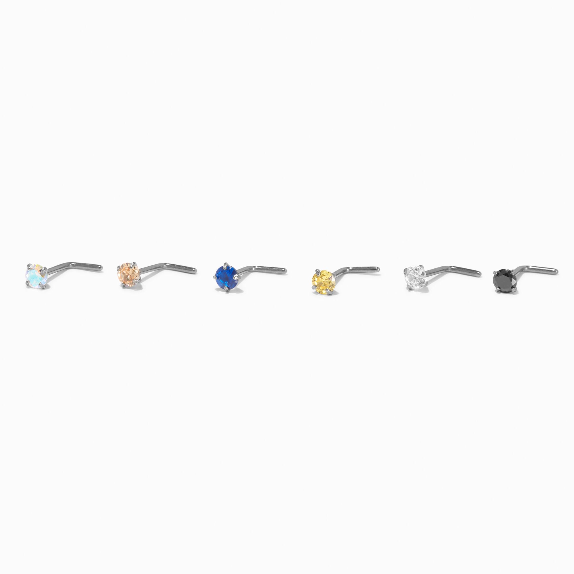 20G Silver-tone Titanium Coloured Cubic Zirconia Nose Studs - 6 Pack,