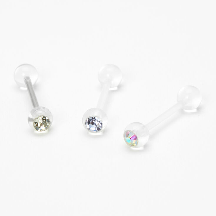14G Mixed Stone Tongue Rings - Clear, 3 Pack,