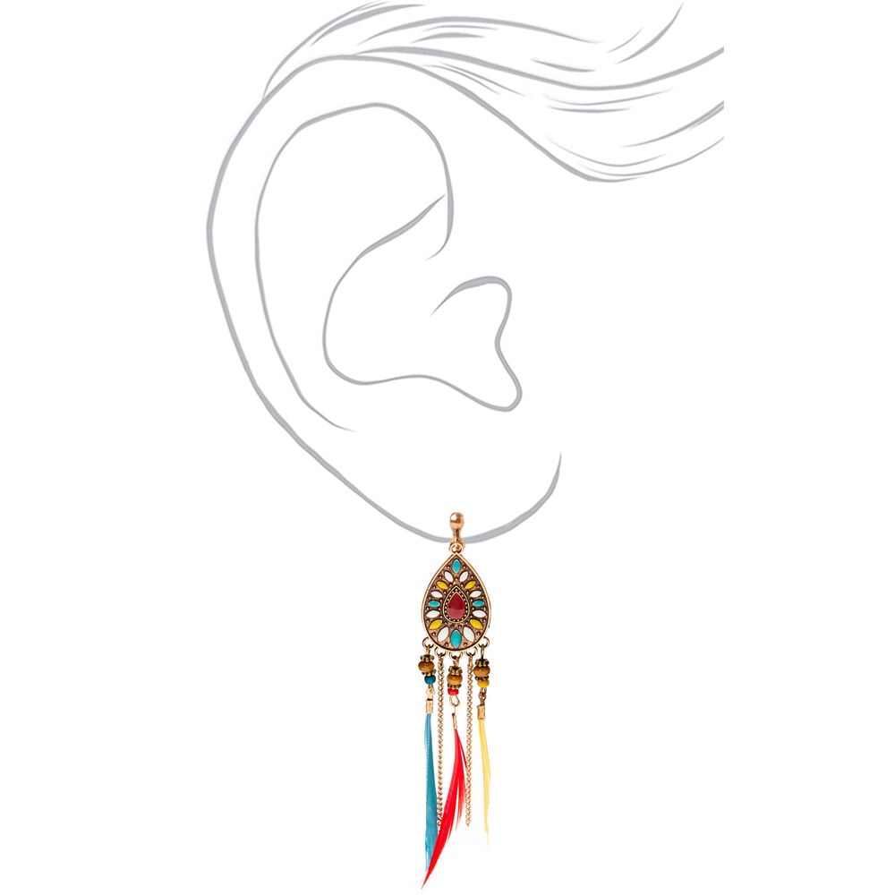 Pendantes à clip avec plumes arc-en-ciel bohème 10 cm couleur dorée,