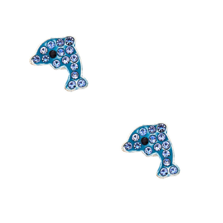 Silver Dolphin Magnetic Stud Earrings - Blue,