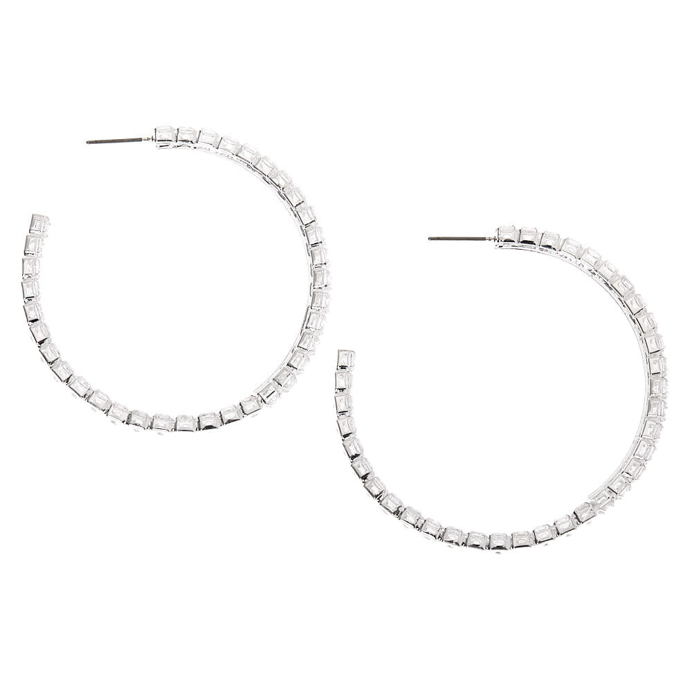 Silver 60MM Cubic Zirconia Hoop Earrings,