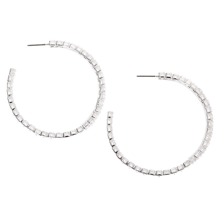Silver 60MM Cubic Zirconia Hoop Earrings,