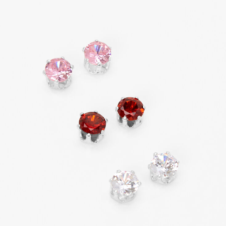 Pink, Red & Clear Cubic Zirconia 5MM Magnetic Stud Earrings - 3 Pack