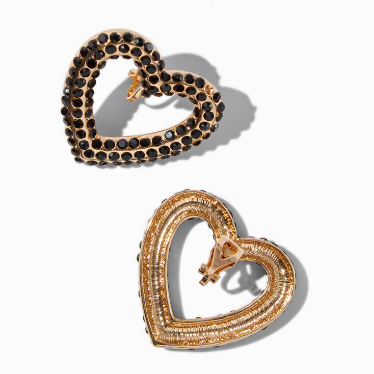 Black Rhinestone Large Heart Clip-On Stud Earrings,