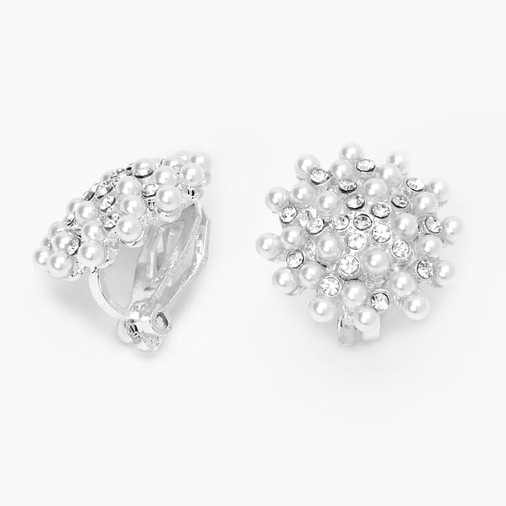 Silver Crystal Pearl Cluster Clip On Stud Earrings,