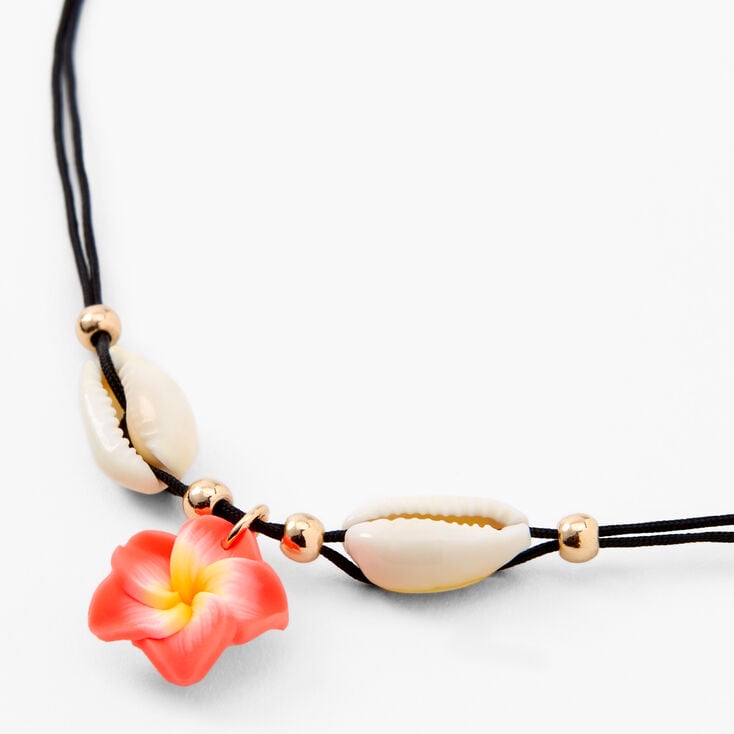 Collier en corde avec pendentif fleur d&rsquo;hibiscus et coquillage cauri noir,