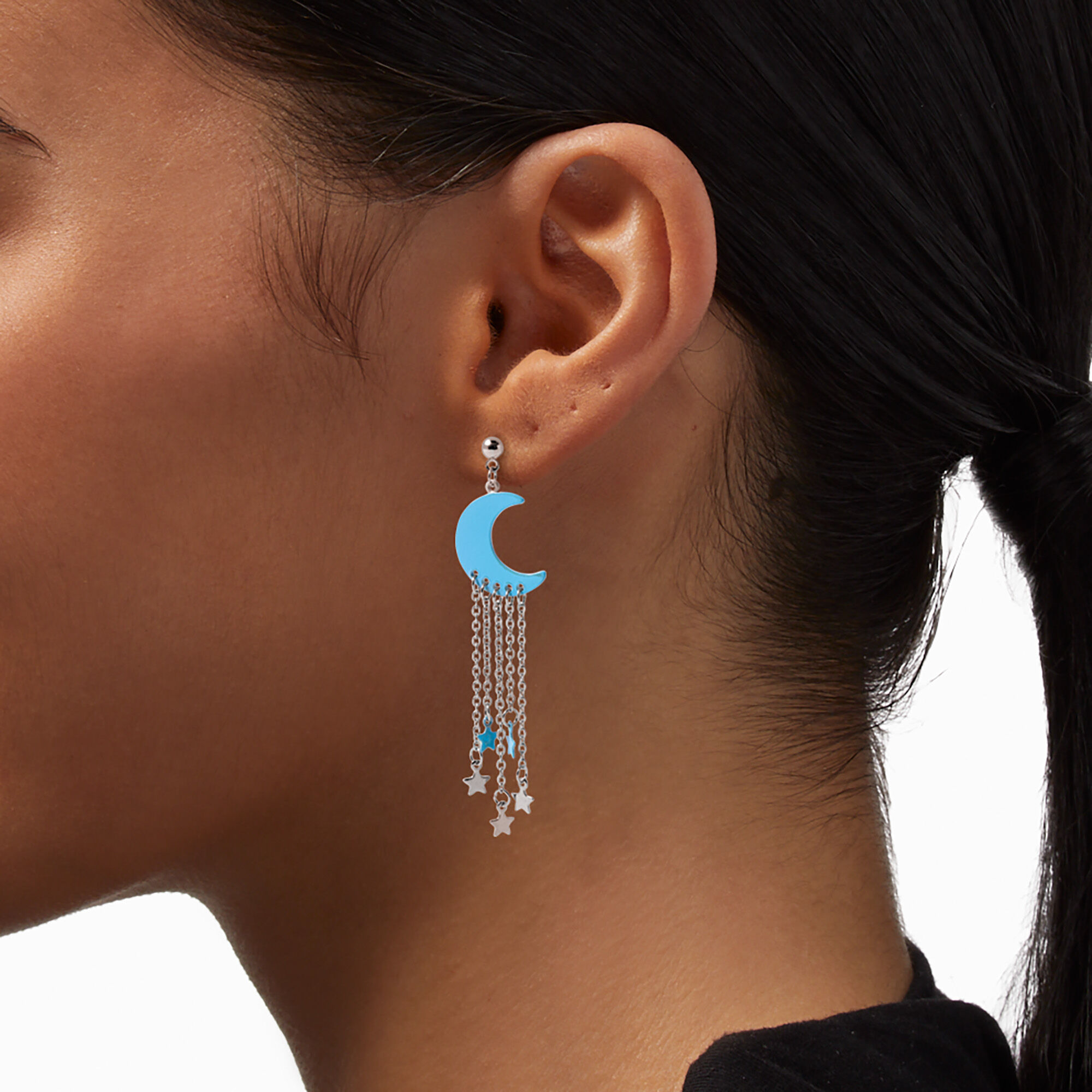 Iridescent Moon & Stars 2.5" Chain Drop Earrings,