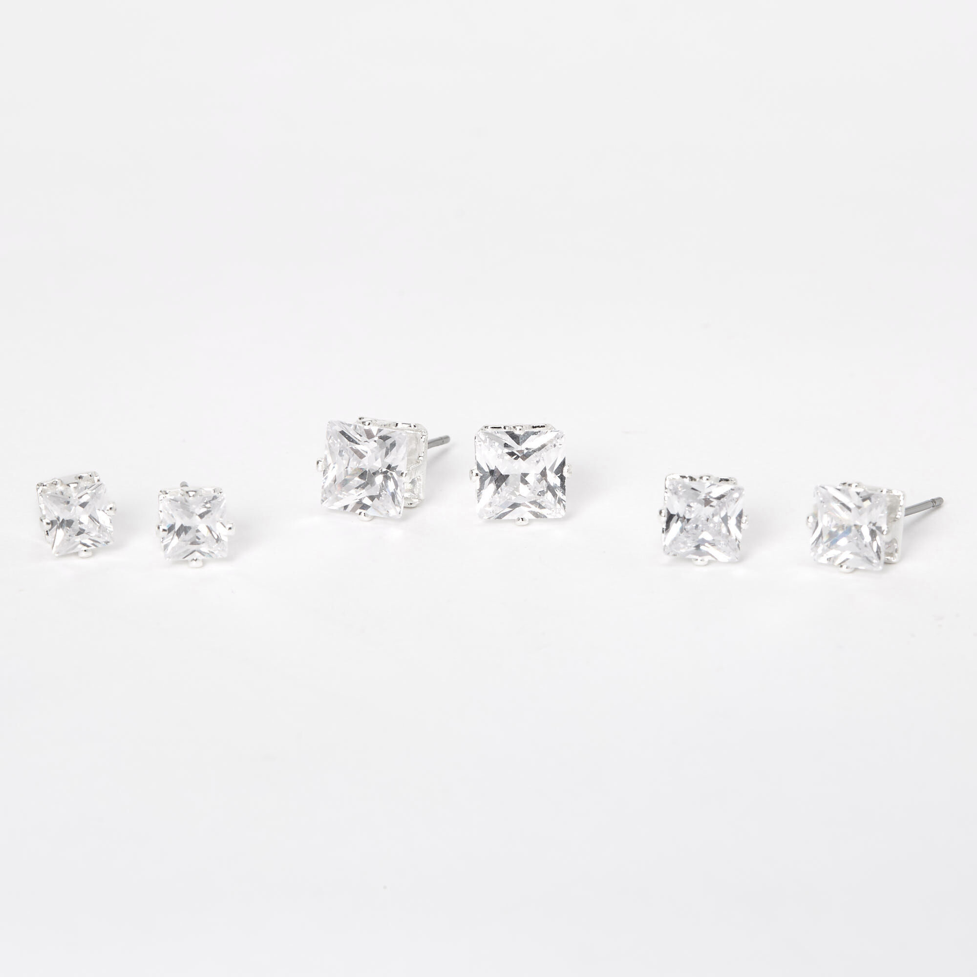 Silver Cubic Zirconia 5MM 6MM 7MM Square Stud Earrings,