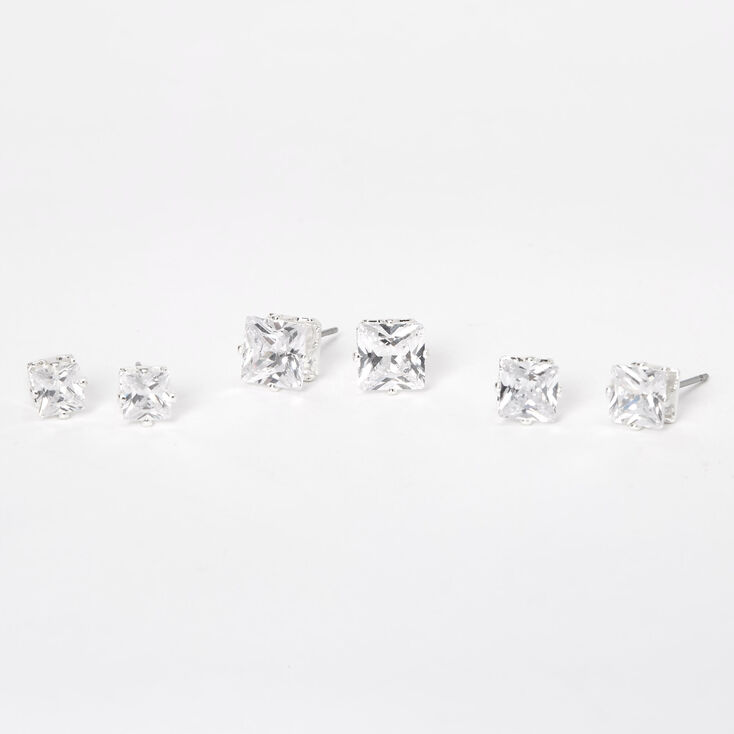 Silver Cubic Zirconia 5MM 6MM 7MM Square Stud Earrings,
