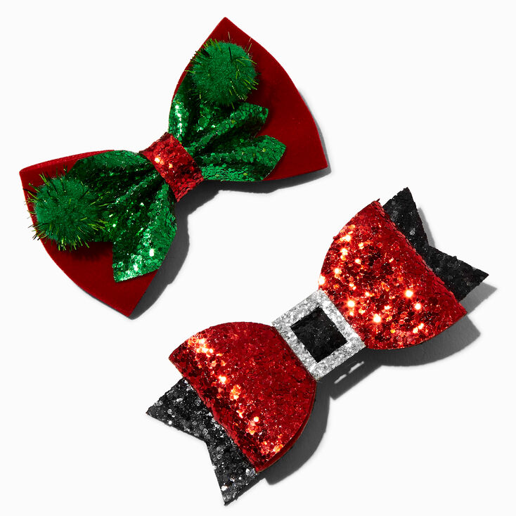 Santa &amp; Elf Glitter Bow Hair Clips - 2 Pack,