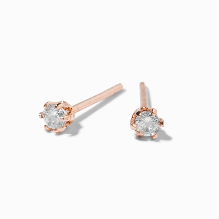 Rose Gold Cubic Zirconia Round Stud Earrings - 2MM,