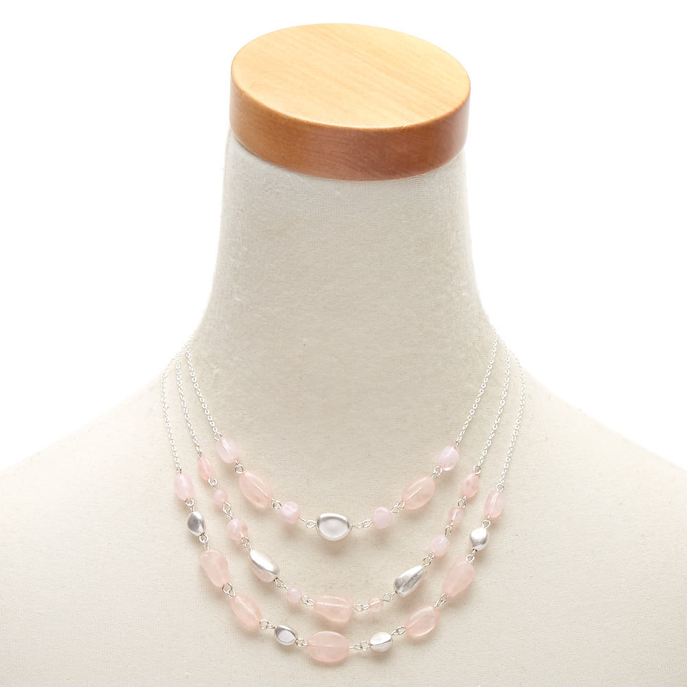 Silver Stone Bead Multi Strand Necklace - Pink,