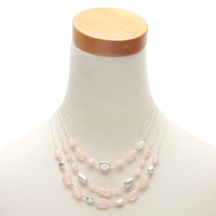 Silver Stone Bead Multi Strand Necklace - Pink,