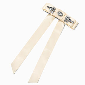 Rhinestone Studded Long Tail Ivory Satin Hair Bow Clip,