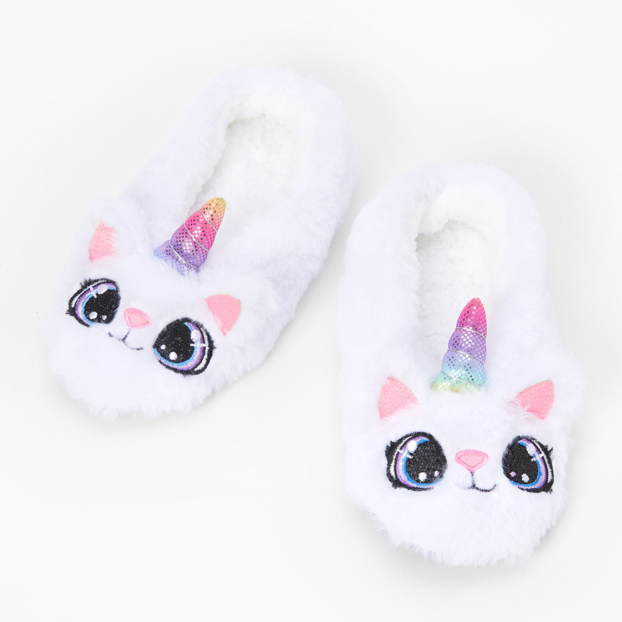 White Caticorn Plush Youth Slippers S M Claire s