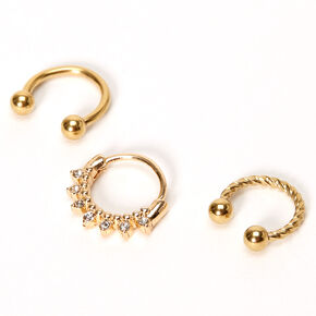 Gold-tone 16G Twisted Crystal Cartilage Hoop Earrings - 3 Pack,