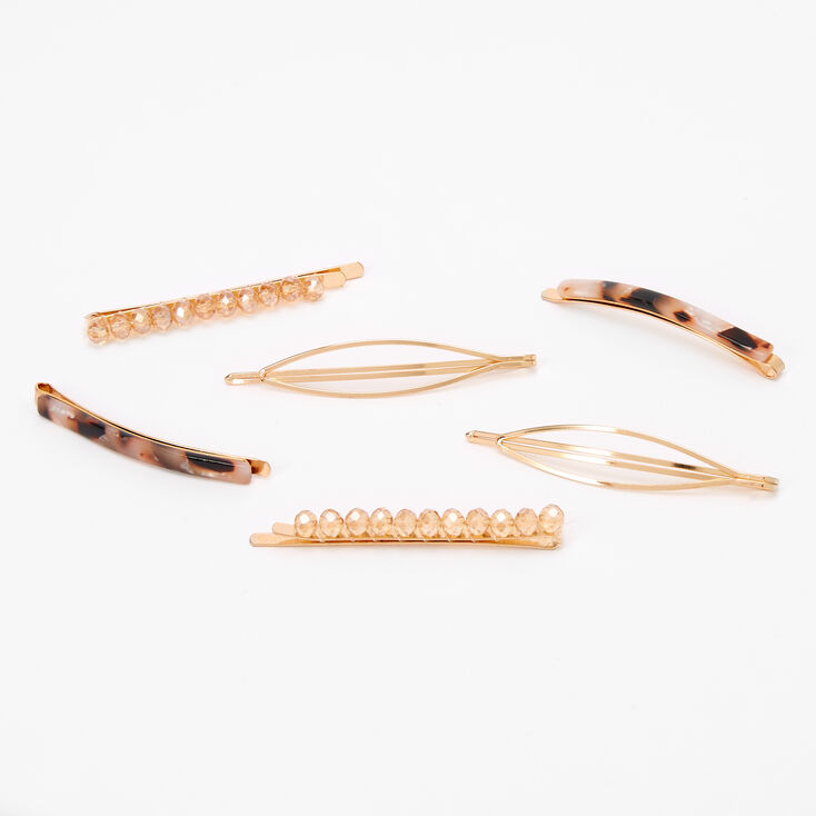 Gold Beaded Tortoiseshell Hair Pins - Brown, 6 Pack,