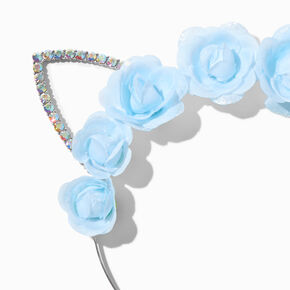 Serre-t&ecirc;te &agrave; oreilles de chat strass iridescent fleur bleu,