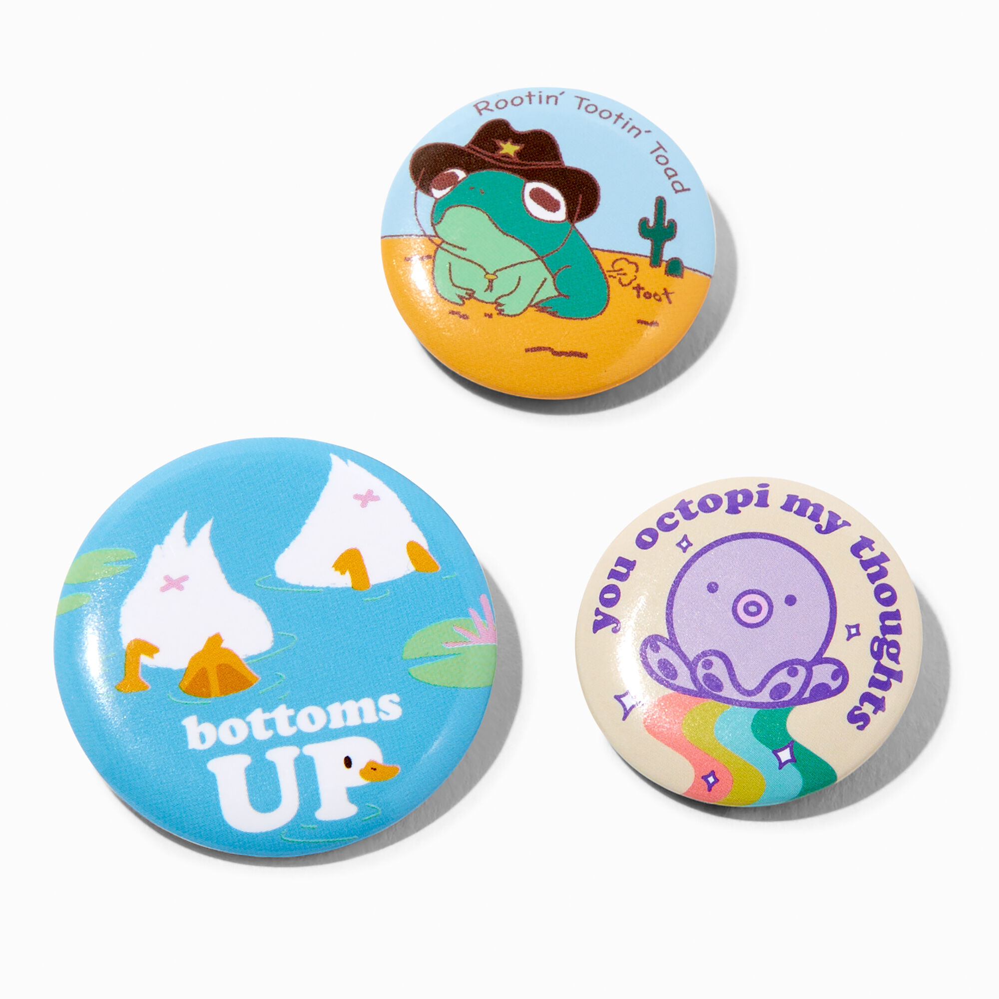 View Claires Funny Animal Pals Pinback Button Set 3 Pack information