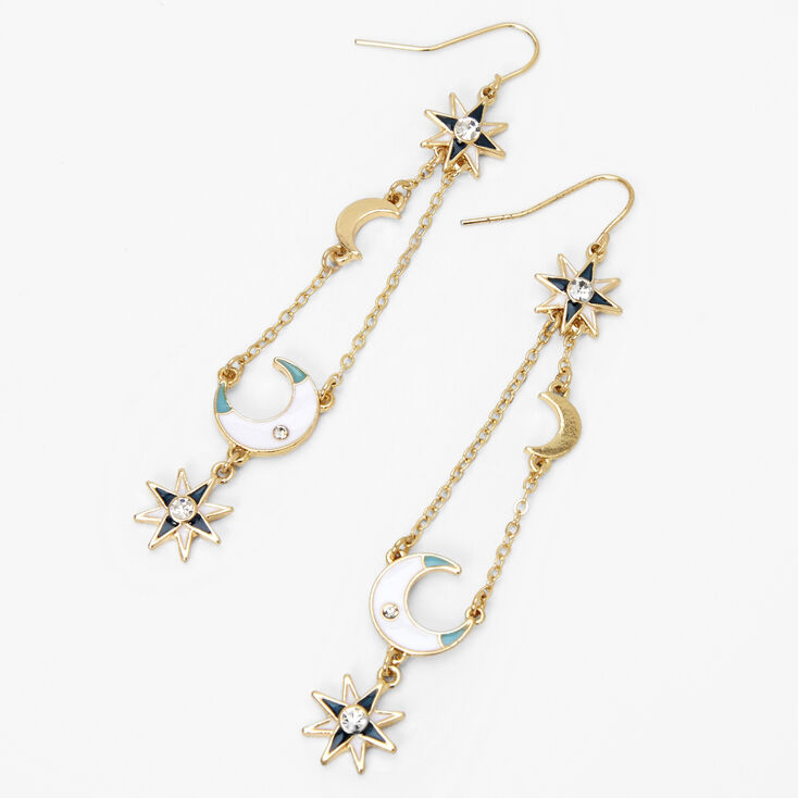 Gold 3.5&quot; Starburst Moon Linear Drop Earrings,