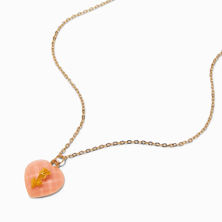 Pink Rose Heart Gold-tone Pendant Necklace ,