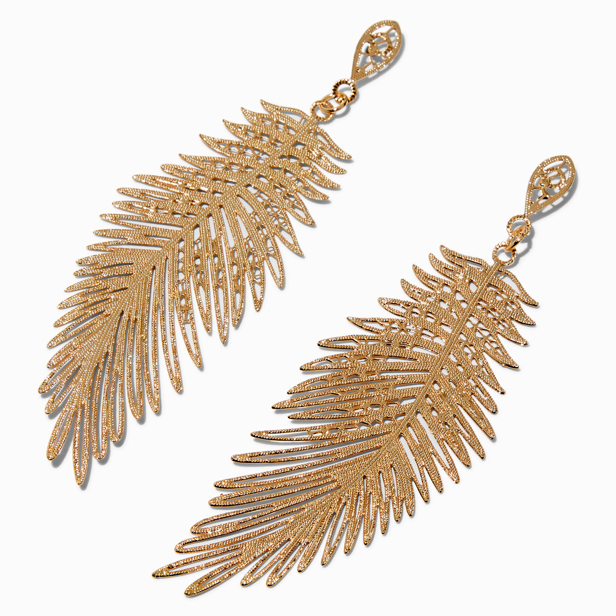 Gold-tone Filigree Feather 4" Drop Earrings ,