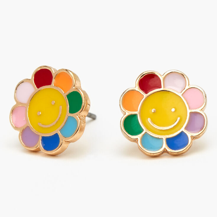 Gold Daisy Happy Face Stud Earrings,