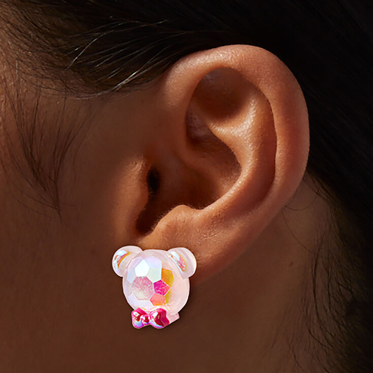 Clous d&#39;oreilles ours en peluche holographiques roses,