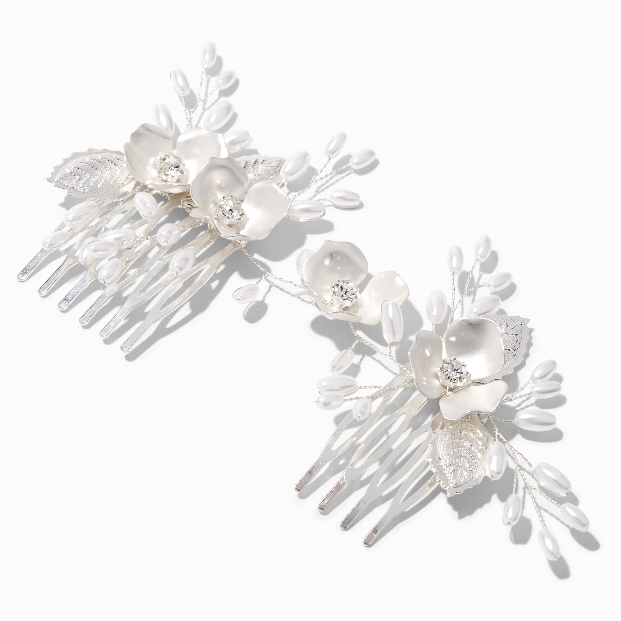 View Claires Tone Pearl Flower Hair Comb Clips 2 Pack Silver information
