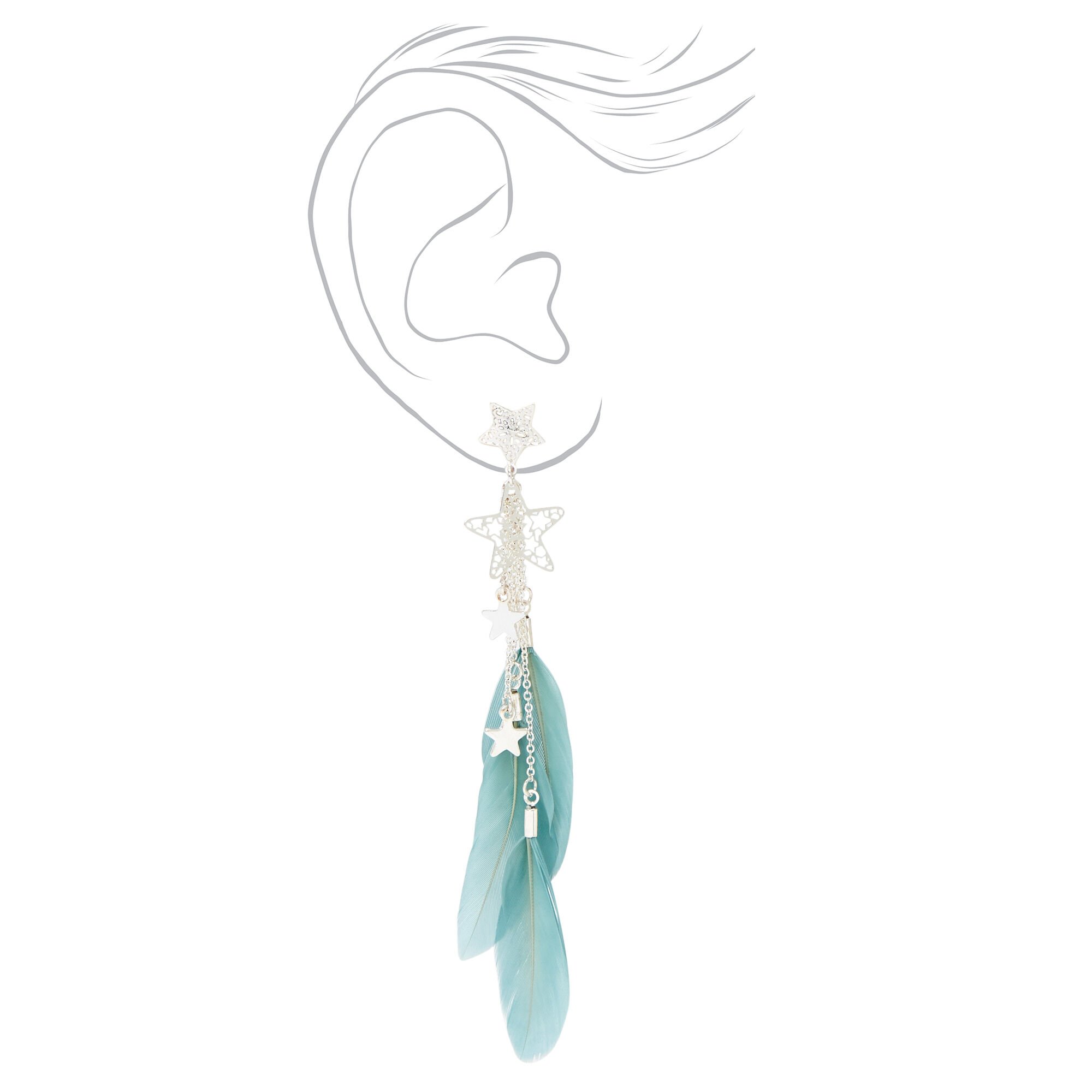 Silver 4" Star Feather Drop Earrings - Blue,