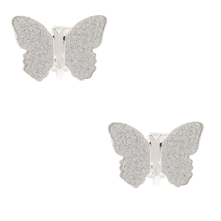 Silver Glitter Butterfly Clip On Stud Earrings,