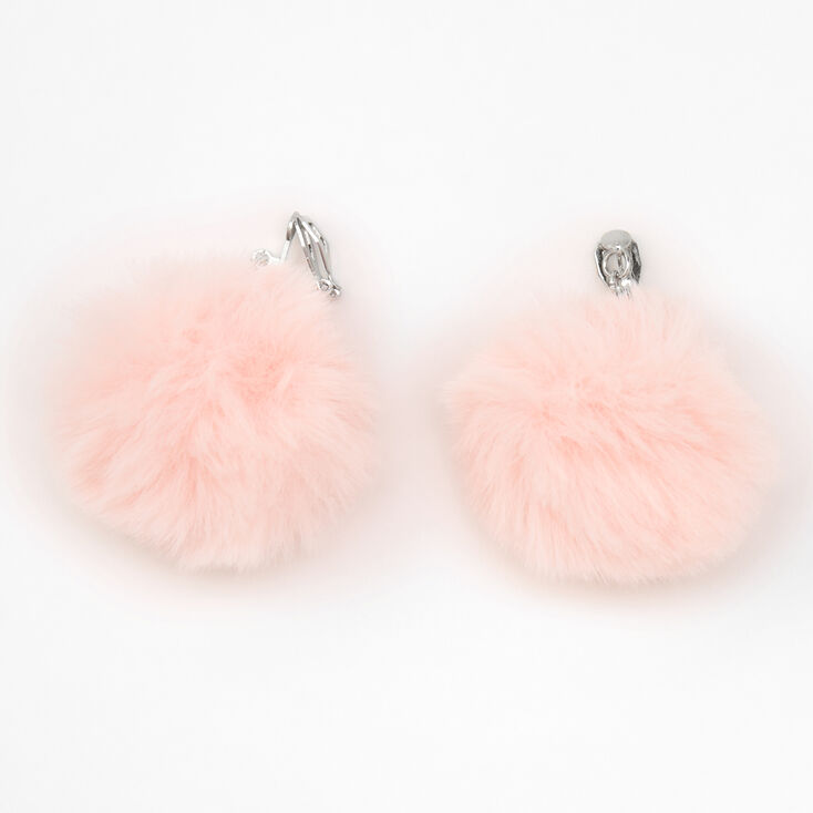 Silver 1.5&quot; Pom Pom Clip On Drop Earrings - Light Pink,