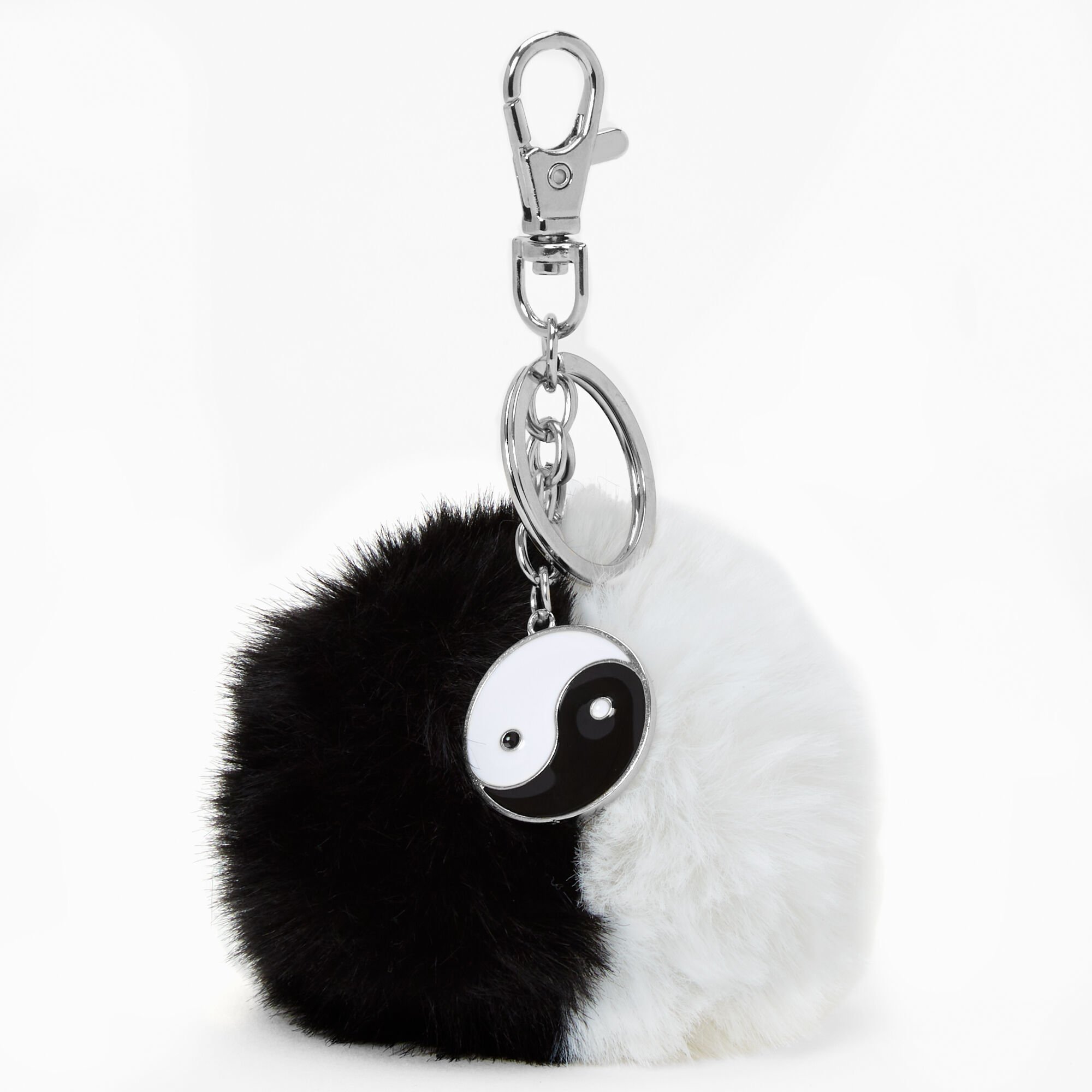 View Claires Black Yin Yang Pom Keyring White information