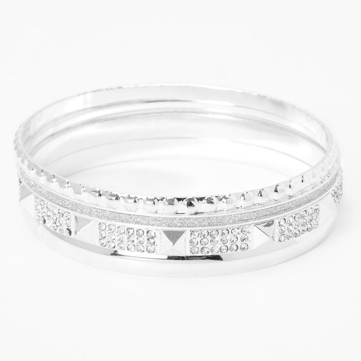 Silver Studded Rhinestone &amp; Glitter Bangle Bracelets - 4 Pack,