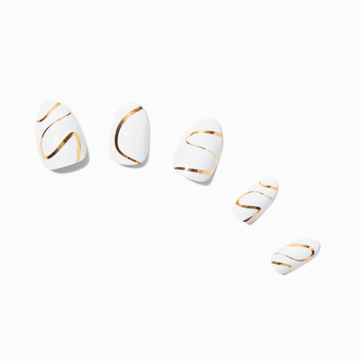 Gold Squiggle &amp; Pearl Short Almond Vegan Faux Nail Set - 24 Pack,
