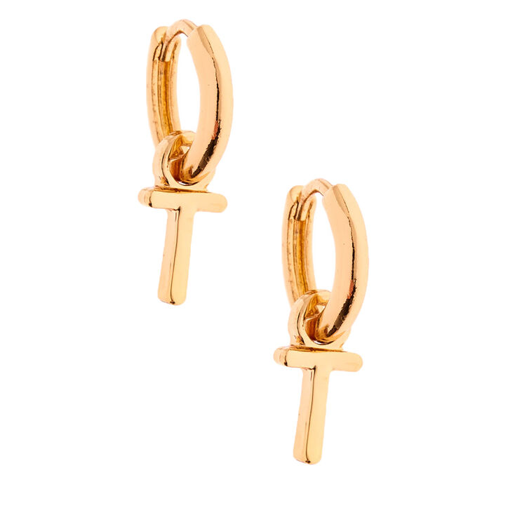 Gold 10MM Initial Huggie Hoop Earrings - T,